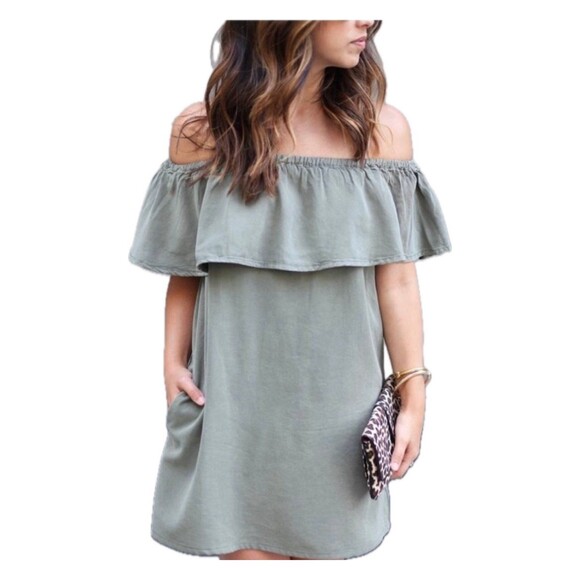 Fashion Nova Olive Green Ruffle Off The Shoulder Mini Sun Dress Side Pockets S - Picture 1 of 7